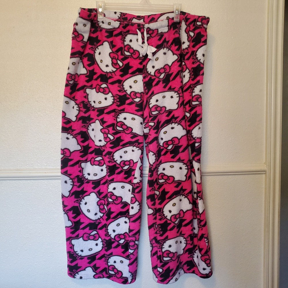 Hello Kitty Sanrio Pink Black Houndstooth Fleece Pajama Pants XL LZ46920BB
